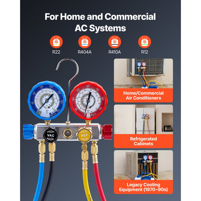 Σετ μετρητών πολλαπλής AC VEVOR για ψυκτικά μέσα R22 R404A R410A R12, 4 κατευθύνσεις μετρητών AC με σωλήνες 1,5 m για συντήρηση, εκκένωση, φόρτιση και ανάκτηση κλιματισμού αυτοκινήτων και οικιακών συσκευών