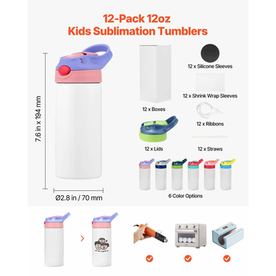 Ποτήρια εξάχνωσης VEVOR, συσκευασία των 12, Παιδικά μπουκάλια νερού εξάχνωσης 355 ml, Ποτήρια από ανοξείδωτο ατσάλι τροφίμων με καπάκια και καλαμάκια, Διπλό τοίχωμα με μόνωση, για εξατομικευμένη προσαρμογή DIY