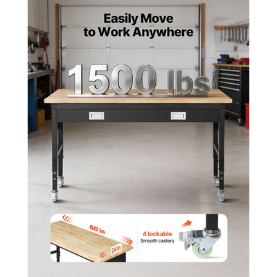 Ρυθμιζόμενος πάγκος εργασίας VEVOR 1524 mm, χωρητικότητα φορτίου 680 kg, πάγκος εργασίας γκαράζ με συρτάρι, πρίζα, ρόδες και σανίδα, βαρέως τύπου τραπέζι εργασίας από ξύλο βελανιδιάς για γκαράζ, εργαστήριο, γραφείο και σπίτι
