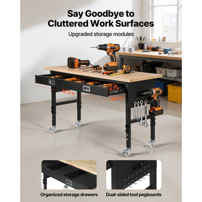 Ρυθμιζόμενος πάγκος εργασίας VEVOR 1524 mm, χωρητικότητα φορτίου 680 kg, πάγκος εργασίας γκαράζ με συρτάρι, πρίζα, ρόδες και σανίδα, βαρέως τύπου τραπέζι εργασίας από ξύλο βελανιδιάς για γκαράζ, εργαστήριο, γραφείο και σπίτι