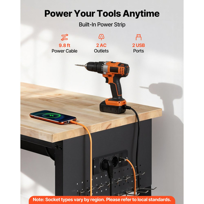 Ρυθμιζόμενος πάγκος εργασίας VEVOR 1524 mm, χωρητικότητα φορτίου 680 kg, πάγκος εργασίας γκαράζ με συρτάρι, πρίζα, ρόδες και σανίδα, βαρέως τύπου τραπέζι εργασίας από ξύλο βελανιδιάς για γκαράζ, εργαστήριο, γραφείο και σπίτι