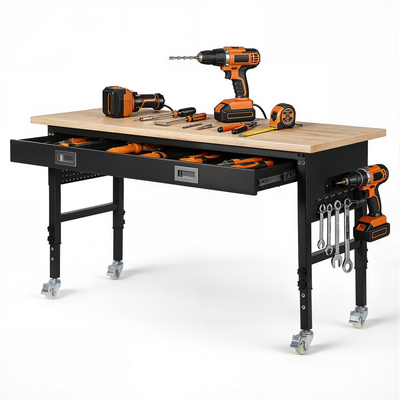 Ρυθμιζόμενος πάγκος εργασίας VEVOR 1524 mm, χωρητικότητα φορτίου 680 kg, πάγκος εργασίας γκαράζ με συρτάρι, πρίζα, ρόδες και σανίδα, βαρέως τύπου τραπέζι εργασίας από ξύλο βελανιδιάς για γκαράζ, εργαστήριο, γραφείο και σπίτι