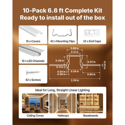 Κανάλι LED αλουμινίου VEVOR με επίστρωση γύψου, 10 τεμάχια 6,6 ft/2M, Κανάλι διαχύτη ταινίας LED γυψοσανίδας χωρίς επένδυση, με γαλακτώδες κάλυμμα, καπάκια και κλιπ στερέωσης, προφίλ αλουμινίου, για τοίχο και οροφή