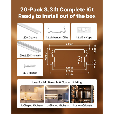 VEVOR 20 τεμάχια καναλιού αλουμινίου LED σχήματος U 3,3 ft/1M, με γαλακτώδες κάλυμμα, καπάκια και κλιπ στερέωσης, προφίλ αλουμινίου για εγκαταστάσεις λωρίδων LED, εύκολη εγκατάσταση, για κάτω από πάγκο ντουλαπιού