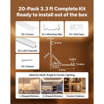VEVOR 20 τεμάχια καναλιού αλουμινίου LED σχήματος V 3,3 ft/1M, με γαλακτώδες κάλυμμα, καπάκια και κλιπ στερέωσης, προφίλ αλουμινίου για εγκαταστάσεις λωρίδων LED, εύκολη εγκατάσταση, για κάτω από τον πάγκο ντουλαπιού