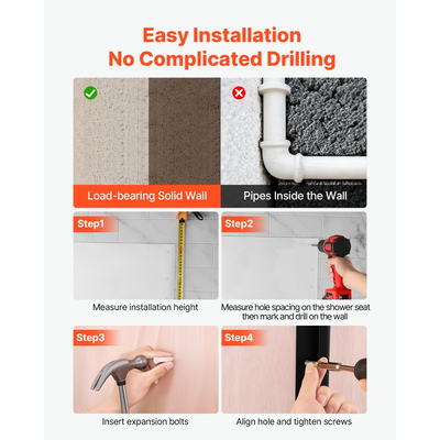 Πτυσσόμενο κάθισμα ντους VEVOR για τοποθέτηση στον τοίχο, πτυσσόμενος πάγκος ντους 452 mm με υποστηρικτική πλάτη, πλαστικό πτυσσόμενο κάθισμα διαδρόμου μπάνιου με πλαίσιο από ανοξείδωτο ατσάλι για ενήλικες και ηλικιωμένους, φόρτωση 180 kg