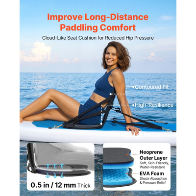 Κάθισμα καγιάκ VEVOR, 2 τεμάχια πάχους 12 mm, Κάθισμα σανίδας γενικής χρήσης με στήριξη πλάτης, Μαλακό μαξιλάρι καθίσματος στην κορυφή με τσάντα αποθήκευσης και ρυθμιζόμενους ιμάντες για SUP, κανό, αλιευτικό σκάφος, φουσκωτό καγιάκ