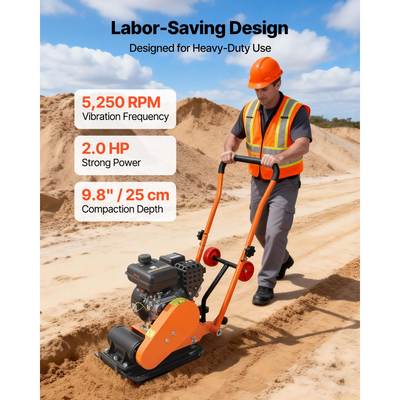 Συμπιεστής πλάκας VEVOR, κινητήρας βενζίνης 2 HP 79CC, δονούμενος κριός εδάφους 5250 VPM, δύναμη συμπύκνωσης 8 kN, πλάκα 41 x 31,5 cm, συμπιεστής με πεζοδρόμιο για διαμόρφωση τοπίου με οδοστρώματα, άσφαλτος, θεμέλια, έδαφος