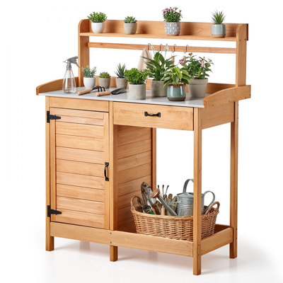 Πάγκος εργασίας VEVOR Potting, Εξωτερικός ξύλινος σταθμός εργασίας κηπουρικής με επιφάνεια από γαλβανισμένο σίδερο 112 x 46,5 cm, Σταθμός εργασίας κήπου με συρτάρι, ντουλάπι αποθήκευσης και ράφια, γάντζοι για βεράντα, πίσω αυλή