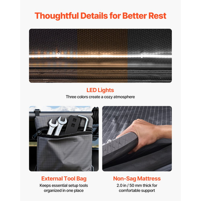 Σκηνή Οροφής VEVOR με Σκληρό Κέλυφος, Σκηνή Αλουμινίου Οροφής 2-3 Ατόμων με Σκληρό Κέλυφος με Τρίχρωμο Φωτιστικό LED & Χοντρό Στρώμα, Αδιάβροχη, Αντιανεμική, Σχάρα Οροφής Overland Camping Car, Κατάλληλη για Jeep, SUV, Pick-up