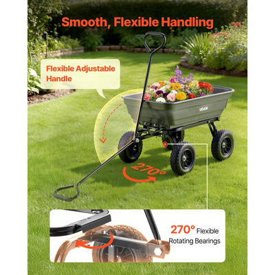 Καρότσι απορριμμάτων κήπου VEVOR, καρότσι πολυαιθυλενίου 272 kg, καρότσια κήπου, καρότσι απορριμμάτων με μηχανισμό γρήγορης απορριμματοσυλλογής 90°, περιστρεφόμενους τροχούς 180°, εύκαμπτα περιστρεφόμενα ρουλεμάν 270°, καρότσι κήπου για φυτά, έδαφος, καλλιέργειες
