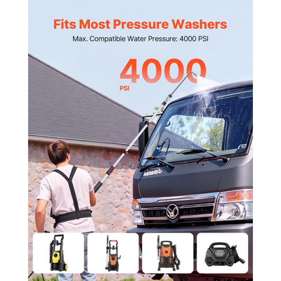 Τηλεσκοπική ράβδος πλυστικού υψηλής πίεσης VEVOR 7,62 m, με ράβδους επέκτασης και εύκαμπτο σωλήνα υψηλής πίεσης, κεφαλή βούρτσας, 7 ακροφύσια, προσαρμογέας εύκαμπτου σωλήνα, ιμάντα στήριξης, τσάντα αποθήκευσης, 4000 PSI για υψηλό καθαρισμό