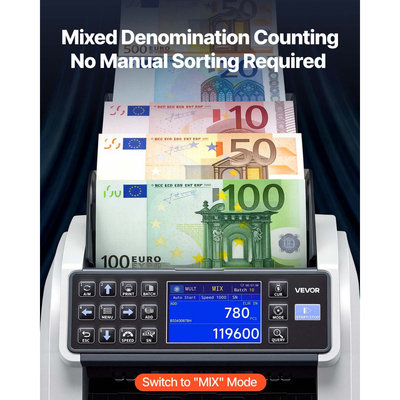 Μηχανή καταμέτρησης χαρτονομισμάτων VEVOR, μετρητής μετρητών μικτής ονομαστικής αξίας με ανίχνευση πλαστογραφίας CIS/UV/MG/IR/DD/DBL/HLF/CHN, υποστήριξη πολλαπλών νομισμάτων, μηχάνημα καταμέτρησης χρημάτων με εξωτερική οθόνη