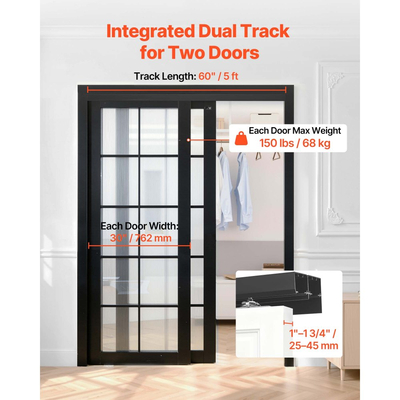 Κιτ εξαρτημάτων συρόμενης πόρτας παράκαμψης VEVOR, εξαρτήματα πόρτας παράκαμψης διπλής τροχιάς από κράμα αλουμινίου 1524 mm, ομαλή και αθόρυβη ολίσθηση, εύκολη εγκατάσταση, για σύστημα 2 πορτών πάχους 25 έως 45 mm και πλάτους 762 mm