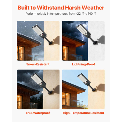 VEVOR Πακέτο 4 Ηλιακών Φώτων Δρόμου 500W Εξωτερικού Χώρου, 50000LM, Φώτα Εμπορικού Χώρου Στάθμευσης από το Λυκόφως έως την Αυγή, Λαμπτήρας Ασφαλείας LED Πλημμύρας με Αισθητήρα Κίνησης, Αδιάβροχος Εξωτερικός Φωτισμός IP65, για Αυλή Driveway