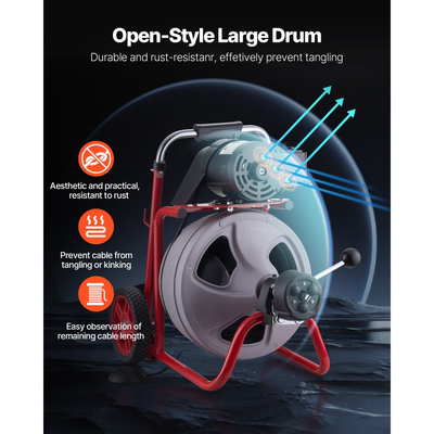 Μηχανή καθαρισμού αποχέτευσης VEVOR 30m x 9,5mm, Αυτόματη τροφοδοσία αποχετευτικού κοχλία τύπου φιδιού σε τροχούς, Φορητή μηχανή καθαρισμού αποχέτευσης με 8 κοπτικά & διακόπτη ποδιού με ενεργοποίηση αέρα για σωλήνες 50mm έως 100mm