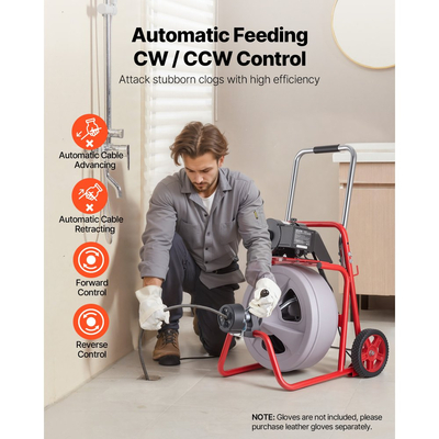 Μηχανή καθαρισμού αποχέτευσης VEVOR 30m x 13mm, Αυτόματη τροφοδοσία αποχετευτικού κοχλία τύπου φιδιού σε τροχούς, Φορητή μηχανή καθαρισμού αποχέτευσης με 8 κοπτικά & διακόπτη ποδιού με ενεργοποίηση αέρα για σωλήνες 50mm έως 150mm