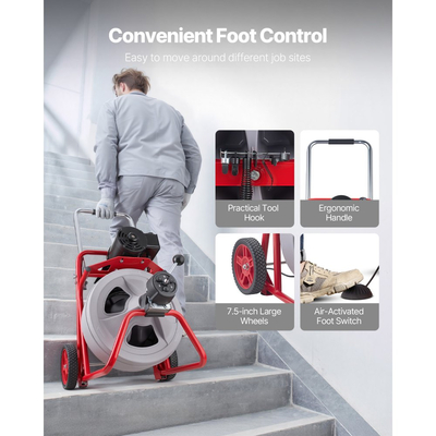 Μηχανή καθαρισμού αποχέτευσης VEVOR 30m x 13mm, Αυτόματη τροφοδοσία αποχετευτικού κοχλία τύπου φιδιού σε τροχούς, Φορητή μηχανή καθαρισμού αποχέτευσης με 8 κοπτικά & διακόπτη ποδιού με ενεργοποίηση αέρα για σωλήνες 50mm έως 150mm