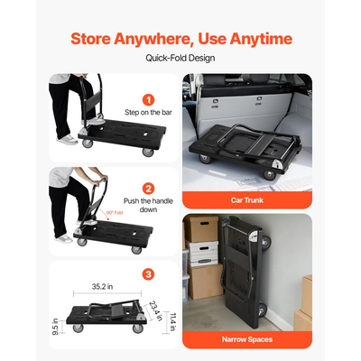 Πτυσσόμενο καρότσι μεταφοράς VEVOR, χωρητικότητας 453,59 kg, πτυσσόμενο καρότσι πλατφόρμας με περιστρεφόμενους τροχούς, καρότσι με κινούμενη πλατφόρμα και επίπεδη καρότσα, λαβή ώθησης εξοικονόμησης χώρου, για εύκολη αποθήκευση, 895 x 595 x 850 mm