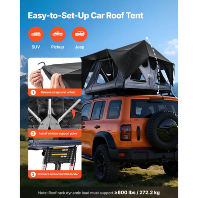 Σκηνή Οροφής VEVOR, Πτυσσόμενη Σκηνή Αλουμινίου Οροφής 2-3 Ατόμων με Τρίχρωμο Φως LED, Χοντρό Στρώμα & 10 Παράθυρα, Αδιάβροχη Αντιανεμική Σχάρα Οροφής για Κάμπινγκ Overland, Κατάλληλη για Jeep SUV Pick-up