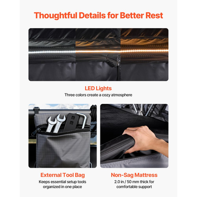 Σκηνή Οροφής VEVOR, Πτυσσόμενη Σκηνή Αλουμινίου Οροφής 2-3 Ατόμων με Τρίχρωμο Φως LED, Χοντρό Στρώμα & 10 Παράθυρα, Αδιάβροχη Αντιανεμική Σχάρα Οροφής για Κάμπινγκ Overland, Κατάλληλη για Jeep SUV Pick-up