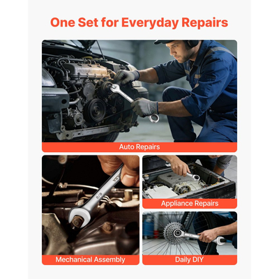 Σετ κλειδιών VEVOR, 26 τεμαχίων SAE και μετρικά, 72 δόντια, σετ κλειδιών με καστάνια από χάλυβα Cr-V, με οργανωτή ραφιών, ανοιχτό άκρο, διαφανείς ετικέτες μεγέθους, για γενική οικιακή χρήση, επισκευές αυτοκινήτων, ασημί