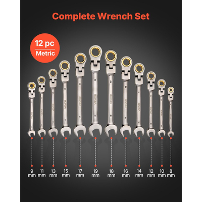 Σετ κλειδιών με καστάνια VEVOR Flex-Head, 12 τεμαχίων μετρικό, 8 mm έως 19 mm, 72 δόντια, σετ εύκαμπτων κλειδιών συνδυασμού από χάλυβα Cr-V με θήκη τύλιξης, για γενικές επισκευές σπιτιού και αυτοκινήτων