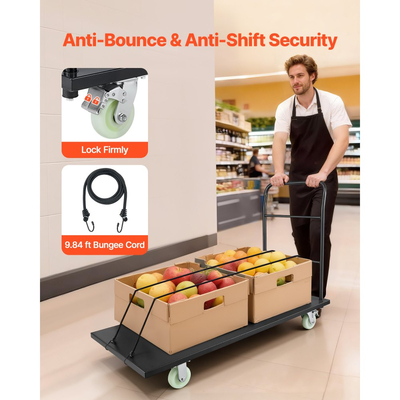 Φορτηγό πλατφόρμας βαρέως τύπου VEVOR, χωρητικότητας 907,18 kg, βιομηχανικό χαλύβδινο καρότσι με περιστρεφόμενους τροχούς και λαβή, καρότσι πλατφόρμας με χειροκίνητη ώθηση, εύκολη αποθήκευση, για μετακίνηση αποσκευών, 1525 x 700 x 1090 mm