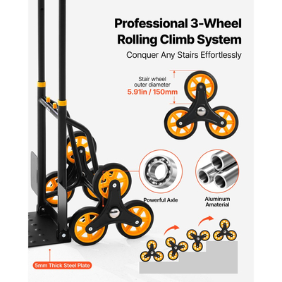 Καρότσι αναρρίχησης σκαλοπατιών VEVOR, χωρητικότητα αναρρίχησης σκαλοπατιών 150 kg, πτυσσόμενο καρότσι βαρέως τύπου με τηλεσκοπική λαβή, 6 ρόδες και 2 κορδόνια ελαστικού, καρότσι αναρρίχησης σκαλοπατιών για το σπίτι, είδη παντοπωλείου, αποθήκη