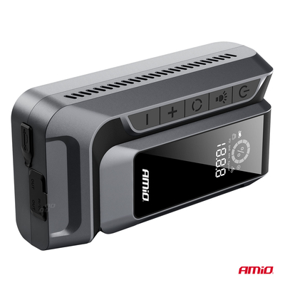 Amio - Φορητός Εκκινητής Μπαταρίας (Jump Starter) 4 σε 1 με ενσωματωμένο Κομπρεσέρ Αέρα, Powerbank και Φακό LED τάση λειτουργίας 12V με χωρητικότητα 12Ah και μέγιστο ρεύμα εκκίνησης 1600A για Επιβατικά Αυτοκίνητα - 1 τεμ. (04677/AM)