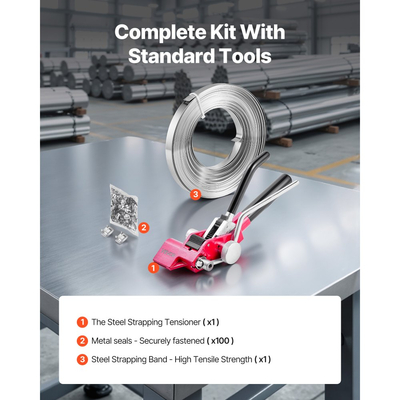 Κιτ δεσίματος χαλύβδινων ταινιών VEVOR, εργαλείο σφράγισης ταινιών βαρέως τύπου με ιμάντες δεσίματος 30,5 m, 100 μεταλλικά κουμπώματα, κιτ δεσίματος χειροκίνητης συσκευασίας παλετών για αποθήκη, μεταφορά, βιομηχανική συσκευασία