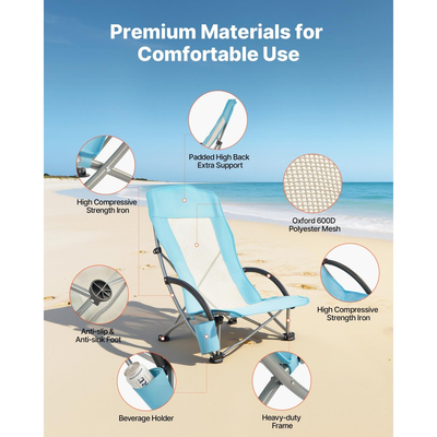 Πτυσσόμενη καρέκλα παραλίας VEVOR, καρέκλες κάμπινγκ με ψηλή πλάτη για ενήλικες, με θήκη για κύπελλο, δικτυωτή πλάτη, τσάντα μεταφοράς, φορητή καρέκλα με εξαιρετικά φαρδύ κάθισμα 150 kg, βαριάς χρήσης, για εξωτερικούς χώρους, κατασκήνωση, ανοιχτό μπλε