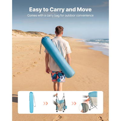 Πτυσσόμενη καρέκλα παραλίας VEVOR, καρέκλες κάμπινγκ με ψηλή πλάτη για ενήλικες, με θήκη για κύπελλο, δικτυωτή πλάτη, τσάντα μεταφοράς, φορητή καρέκλα με εξαιρετικά φαρδύ κάθισμα 150 kg, βαριάς χρήσης, για εξωτερικούς χώρους, κατασκήνωση, ανοιχτό μπλε