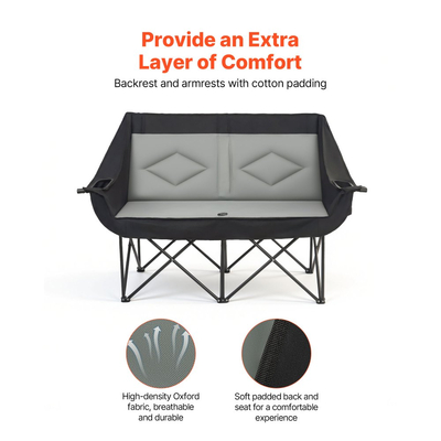 Διπλή καρέκλα κάμπινγκ VEVOR, μεγάλη καρέκλα κάμπινγκ δύο ατόμων με στήριξη βαρέως τύπου 300 kg, με διπλές θήκες για ποτήρια, θήκες για ποτήρια κρασιού, ιμάντες περιοδικών, τσάντες μεταφοράς για εξωτερικούς χώρους, παραλία, 1 πακέτο