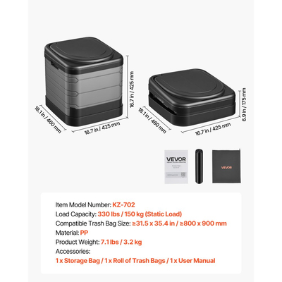 Φορητή τουαλέτα VEVOR, Χωρητικότητα 150 kg, Πτυσσόμενη τουαλέτα κάμπινγκ για ενήλικες, Γιογιό ταξιδιού εξωτερικού χώρου με τσάντα μεταφοράς, Σακούλες απορριμμάτων, Κατάλληλο για οικιακή χρήση, Ταξίδια με τροχόσπιτο, Κάμπινγκ, Πεζοπορία, Βαρκάδα, Αυτοκίνητο, Εκδρομές