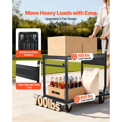 Πτυσσόμενο καρότσι μεταφοράς VEVOR, 317,51 kg, Βαρέως τύπου καρότσι με πλατφόρμα και ρόδες, από χάλυβα υψηλής αντοχής, 2 επιπέδων κινούμενο καρότσι με επίπεδη πλατφόρμα, για αποθήκη, γκαράζ, εργαστήριο, γραφείο, 730 x 470 x 820 mm
