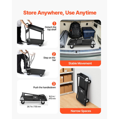 Πτυσσόμενο καρότσι μεταφοράς VEVOR, 317,51 kg, Βαρέως τύπου καρότσι με πλατφόρμα και ρόδες, από χάλυβα υψηλής αντοχής, 2 επιπέδων κινούμενο καρότσι με επίπεδη πλατφόρμα, για αποθήκη, γκαράζ, εργαστήριο, γραφείο, 730 x 470 x 820 mm