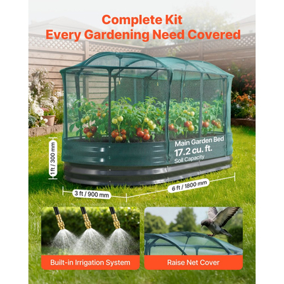 Γαλβανισμένο υπερυψωμένο παρτέρι VEVOR, 1800 x 900 x 300 mm, με σύστημα αυτοποτισμού και κάλυμμα πλέγματος, οβάλ μεταλλικό κουτί γλάστρας εξωτερικού χώρου, ανθεκτικό στη σκουριά Alu-Zinc, για φύτευση λουλουδιών φρούτων και λαχανικών, σκούρο γκρι