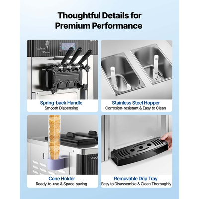 Επαγγελματική μηχανή παγωτού VEVOR, απόδοση 20-28 λίτρα/ώρα, επιτραπέζια μηχανή παγωτού soft serve 2200W 3 γεύσεων με 2 χοάνες των 6 λίτρων και ανακίνηση χοάνης, αυτοκαθαριζόμενος με πρόψυξη για καταστήματα σνακ και επιδόρπια