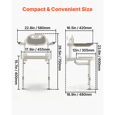 Πτυσσόμενη καρέκλα ντους VEVOR, επιτοίχια, πτυσσόμενη καρέκλα ντους 457 mm με πλάτη, μπράτσα και ρυθμιζόμενα πόδια, πτυσσόμενη καρέκλα μπάνιου HDPE με πλαίσιο από ανοξείδωτο ατσάλι για ενήλικες και ηλικιωμένους, φόρτωση 150 kg