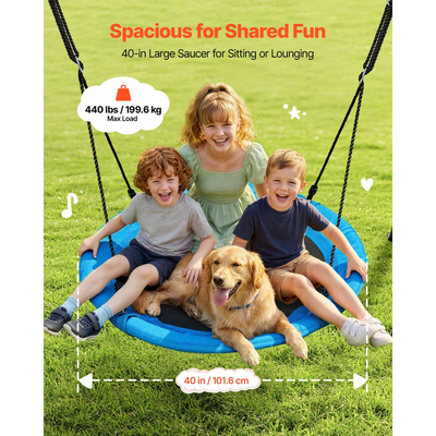 Σετ κούνιας VEVOR για αυλή, κάθισμα κούνιας με πιατάκι 100 cm με μεταλλική βάση σε σχήμα Α βαρέως τύπου, χωρητικότητα φορτίου 199,6 kg, ενισχυμένο με σπειροειδείς άγκυρες εδάφους, κούνια εξωτερικού χώρου για παιδιά, μαύρο και μπλε