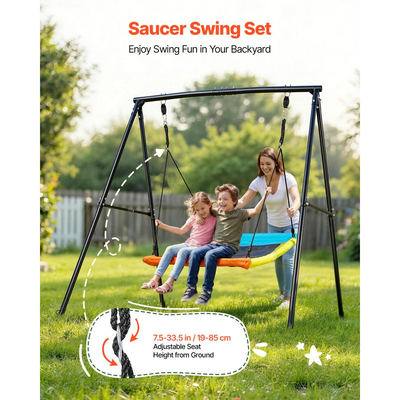 Σετ κούνιας VEVOR για αυλή, κάθισμα κούνιας 150 x 81 cm με βαριά μεταλλική βάση σε σχήμα Α, χωρητικότητα φορτίου 199,6 kg, ενισχυμένο με σπειροειδείς άγκυρες εδάφους, κούνια εξωτερικού χώρου για παιδιά, μαύρο και πολύχρωμο