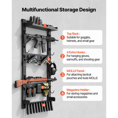 Βάση όπλων VEVOR για τοποθέτηση σε τοίχο, από βαρέως τύπου ατσάλι, εσωτερική βάση για κυνηγετικά όπλα με θήκη γεμιστήρα, πάνελ MOLLE, θήκη αποθήκευσης αξεσουάρ όπλων, χωράει έως και 5 τουφέκια ή κυνηγετικά όπλα, για τακτικό εξοπλισμό
