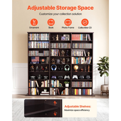 Ντουλάπι αποθήκευσης πολυμέσων VEVOR, 8-επιπέδων DVD ραφιών, 142 x 22 x 130 cm πολυμεσικής αποθήκευσης για CD, DVD, βιβλία & παιχνίδια, Ράφι CD για σαλόνι, γραφείο στο σπίτι, δωμάτιο ηχογράφησης, καφέ