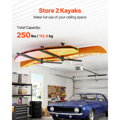 Ράφι αποθήκευσης καγιάκ VEVOR για 2 καγιάκ, Χωρητικότητα έως 113,4 kg, Ρυθμιζόμενη βάση οροφής βαρέως τύπου για τοποθέτηση σε οροφή γκαράζ, Κρεμάστρα αποθήκευσης γκαράζ για κανό, σκάλα, SUP, σανίδα του σερφ και σανίδα paddleboard