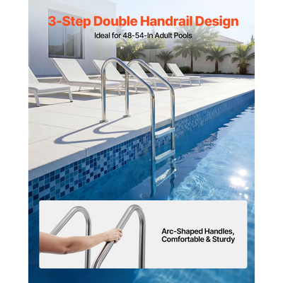 Σκάλα πισίνας VEVOR, 3 σκαλοπάτια με διπλά κιγκλιδώματα, αντιολισθητικά, βαρέως τύπου, φαρδιά σκαλοπάτια, πλαίσιο από ανοξείδωτο ατσάλι, χωρητικότητα 120 kg για είσοδο/έξοδο πισίνας 121,9-137,2 cm, εσωτερικούς και εξωτερικούς χώρους