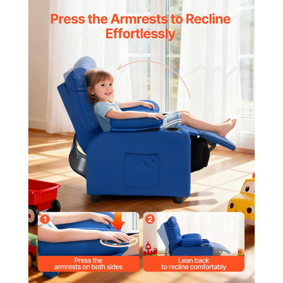 Παιδική Ανακλινόμενη Πολυθρόνα VEVOR, Ανακλινόμενη για Νήπια με 2 Ποτηροθήκες και 4 Τσέπες, Ρυθμιζόμενη Πλάτη 107° έως 126°, Εύκολος Καθαρισμός από Δερμάτινο Πολυτελές Καναπές με Υποπόδιο, για Αγόρια, Κορίτσια & Παιδιά (Μπλε)