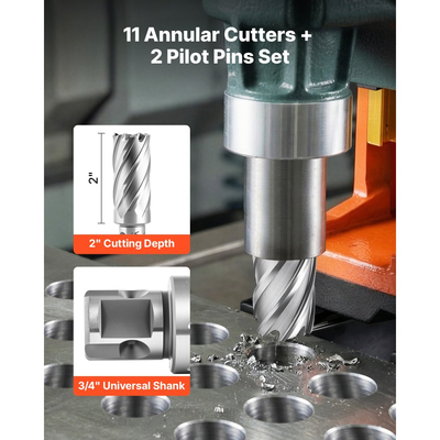 Σετ δακτυλιοειδών κοπτών VEVOR, κιτ 13 τεμαχίων τρυπανιών γενικής χρήσης με στέλεχος, βάθος κοπής 50,8 mm, διάμετρος κοπής 11,11 mm έως 26,98 mm, HSS, 11 τρυπάνια, 2 ακίδες οδηγού, πλαστική θήκη, για μαγνητικά τρυπάνια