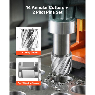 Σετ δακτυλιοειδών κοπτών VEVOR, κιτ 16 τεμαχίων τρυπανιών Weldon Shank Mag, βάθος κοπής 25,4 mm, διάμετρος κοπής 11,11 mm έως 34,92 mm, HSS, 14 τρυπάνια με 2 ακίδες οδηγού, πλαστική θήκη, για μαγνητικά τρυπάνια