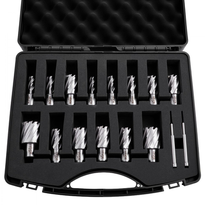 Σετ δακτυλιοειδών κοπτών VEVOR, κιτ 16 τεμαχίων τρυπανιών Weldon Shank Mag, βάθος κοπής 25,4 mm, διάμετρος κοπής 11,11 mm έως 34,92 mm, HSS, 14 τρυπάνια με 2 ακίδες οδηγού, πλαστική θήκη, για μαγνητικά τρυπάνια